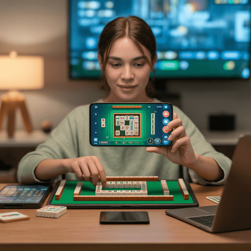 Pemain bermain Mahjong mobile di smartphone dengan tablet atau laptop di samping, menikmati pengalaman interaktif dan seru di platform Win11bet