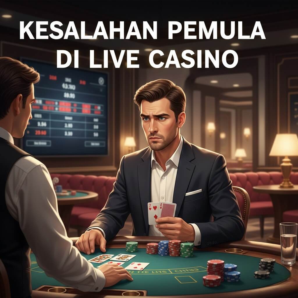 Pemula bermain blackjack di live casino dengan ekspresi fokus, meja casino modern dengan kartu dan chip, teks 'Kesalahan Pemula di Live Casino'