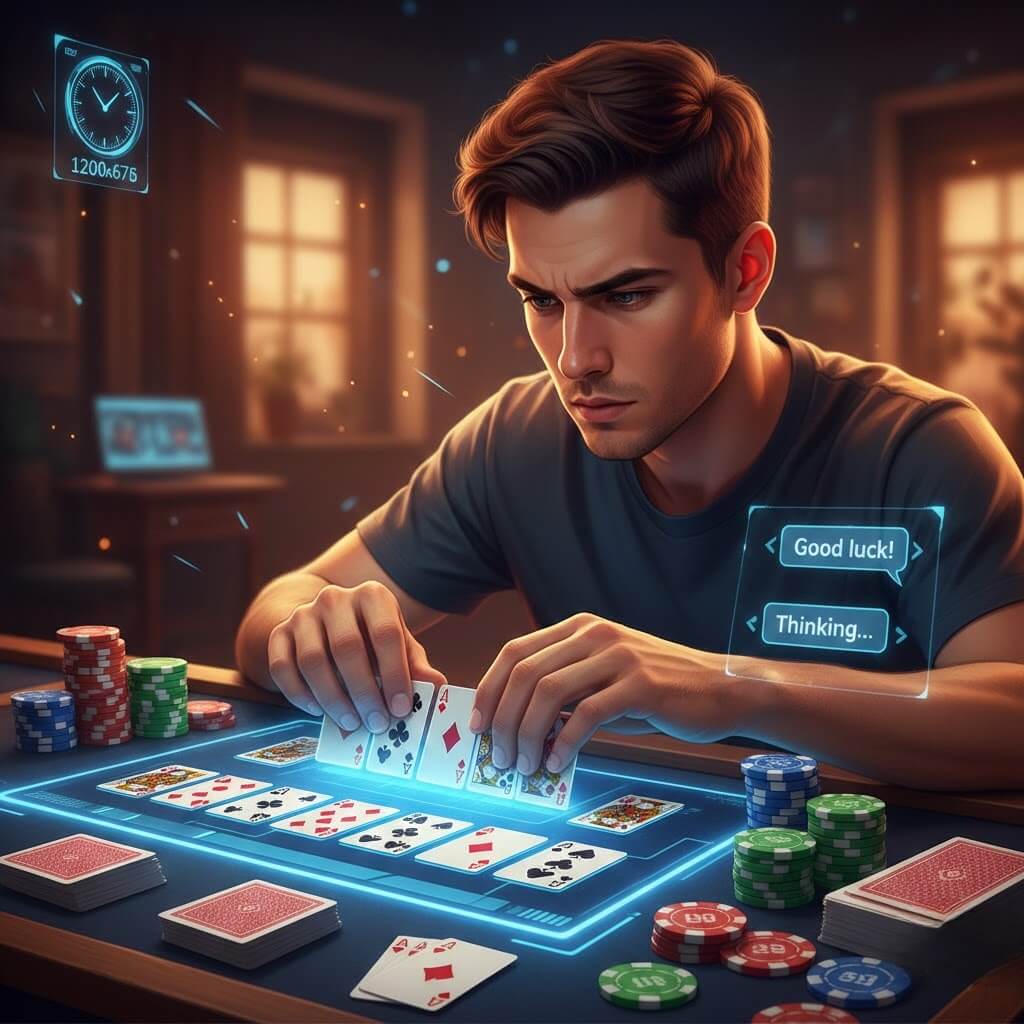 Pemain Capsa Susun online menyusun kartu di meja digital dengan chip