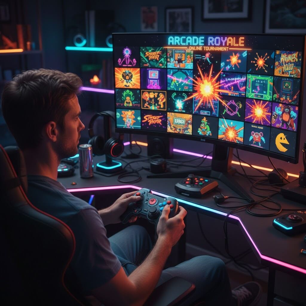 Pemain arcade games fokus di layar dengan kontroler, bermain online melalui Dewiku88 Login