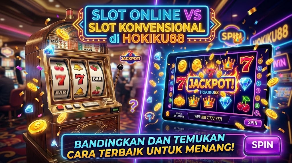 Gambar slot online dan slot konvensional di Hokiku88 menampilkan RTP, volatilitas, koin, jackpot, dan efek neon
